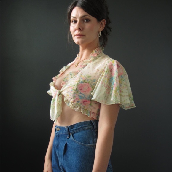 Vintage Tie Front Crop Top Bell Sleeves - Picture 1 of 4